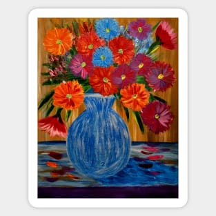 A lovely boutique of abstract mixed flowers  in a  tall a glass vase Sticker